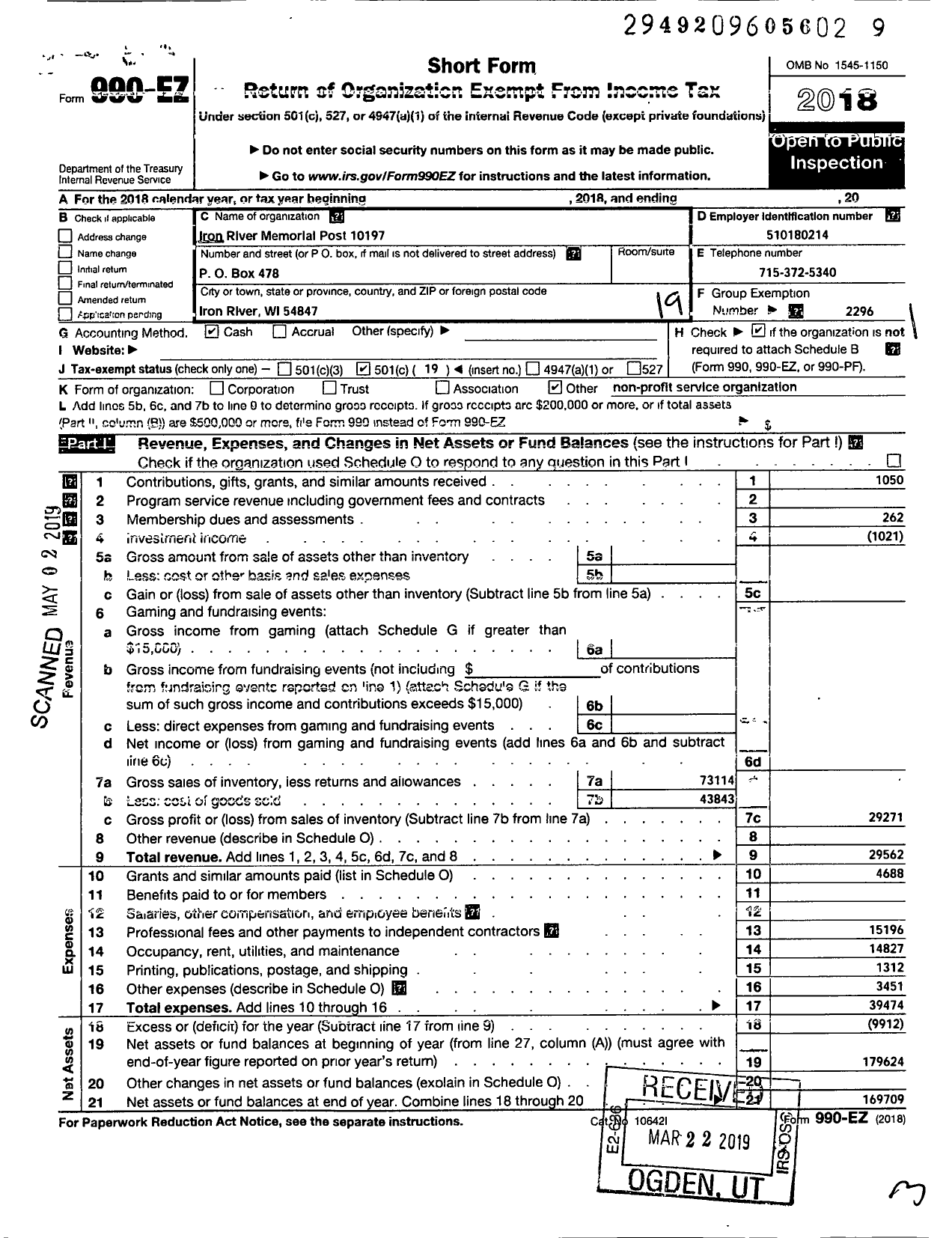 Image of first page of 2018 Form 990EO for VFW Wi - 10197 Vfw-Iron River Memorial