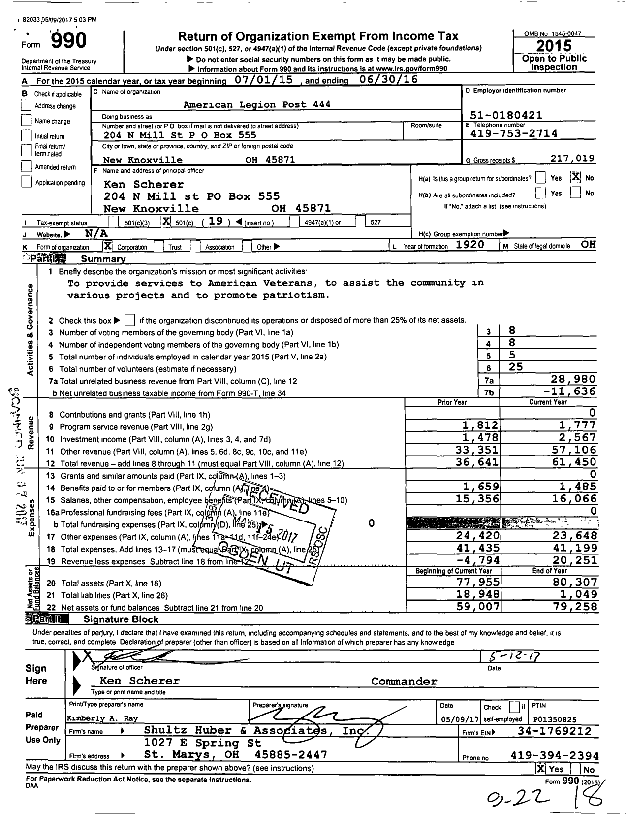 Image of first page of 2015 Form 990O for American Legion Post 444