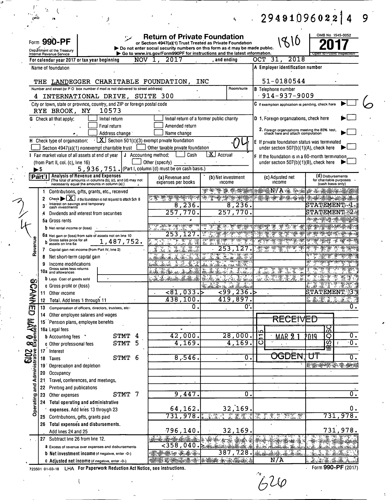 Image of first page of 2017 Form 990PF for The Landegger Charitable Foundation