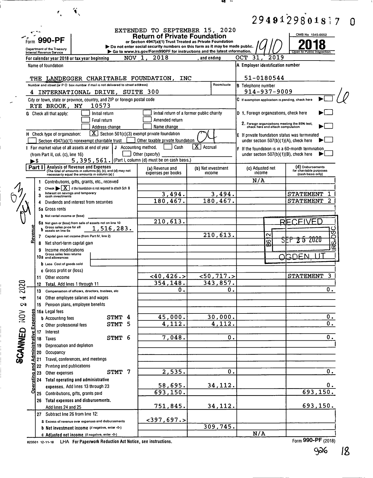 Image of first page of 2018 Form 990PF for The Landegger Charitable Foundation
