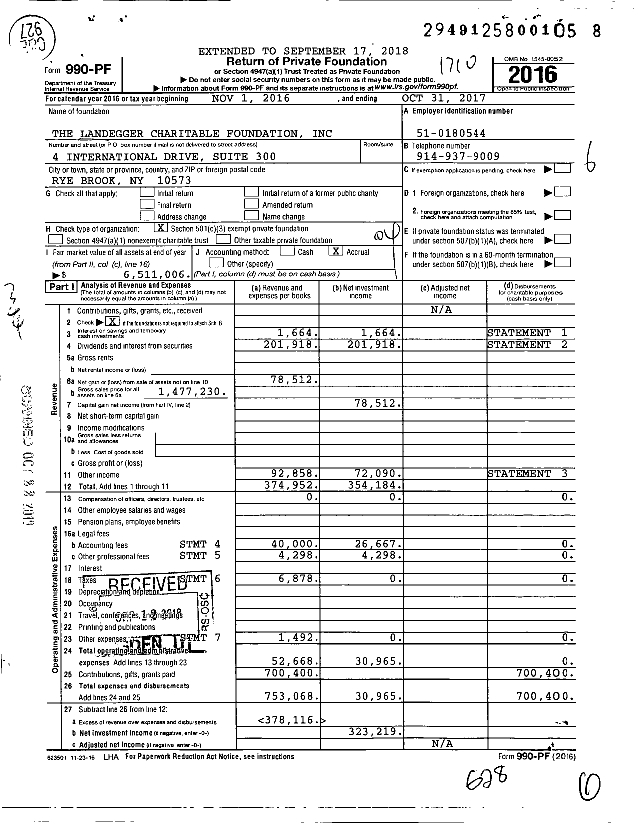 Image of first page of 2016 Form 990PF for The Landegger Charitable Foundation