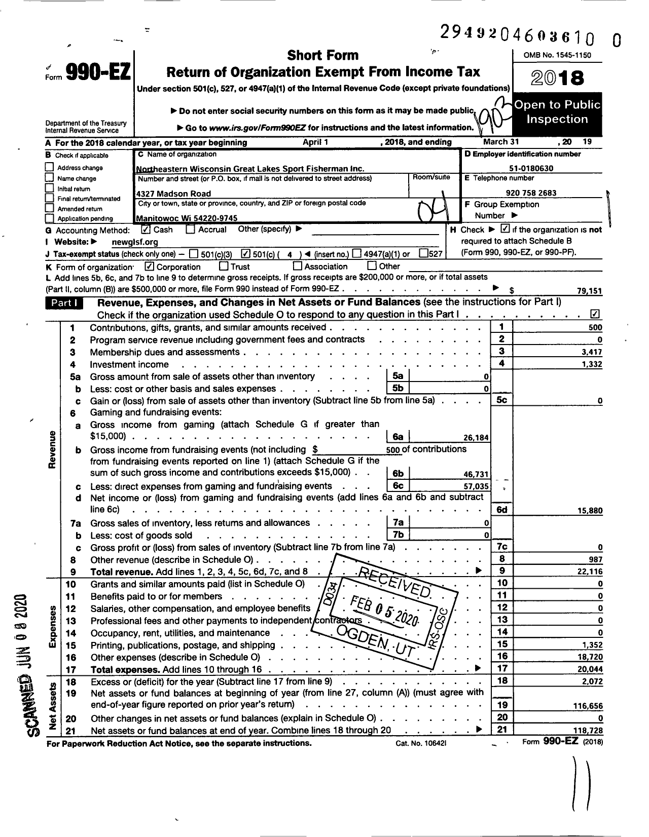 Image of first page of 2018 Form 990EO for Northeastern Wisconsin Great Lakes Sport Fishermen