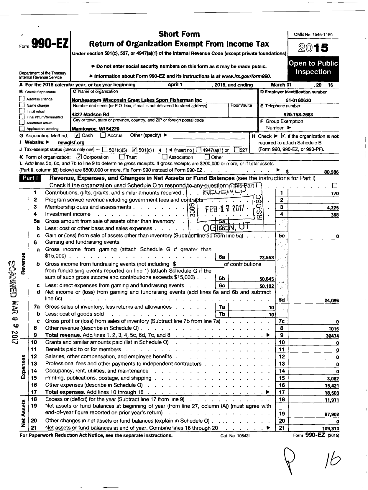 Image of first page of 2015 Form 990EO for Northeastern Wisconsin Great Lakes Sport Fishermen