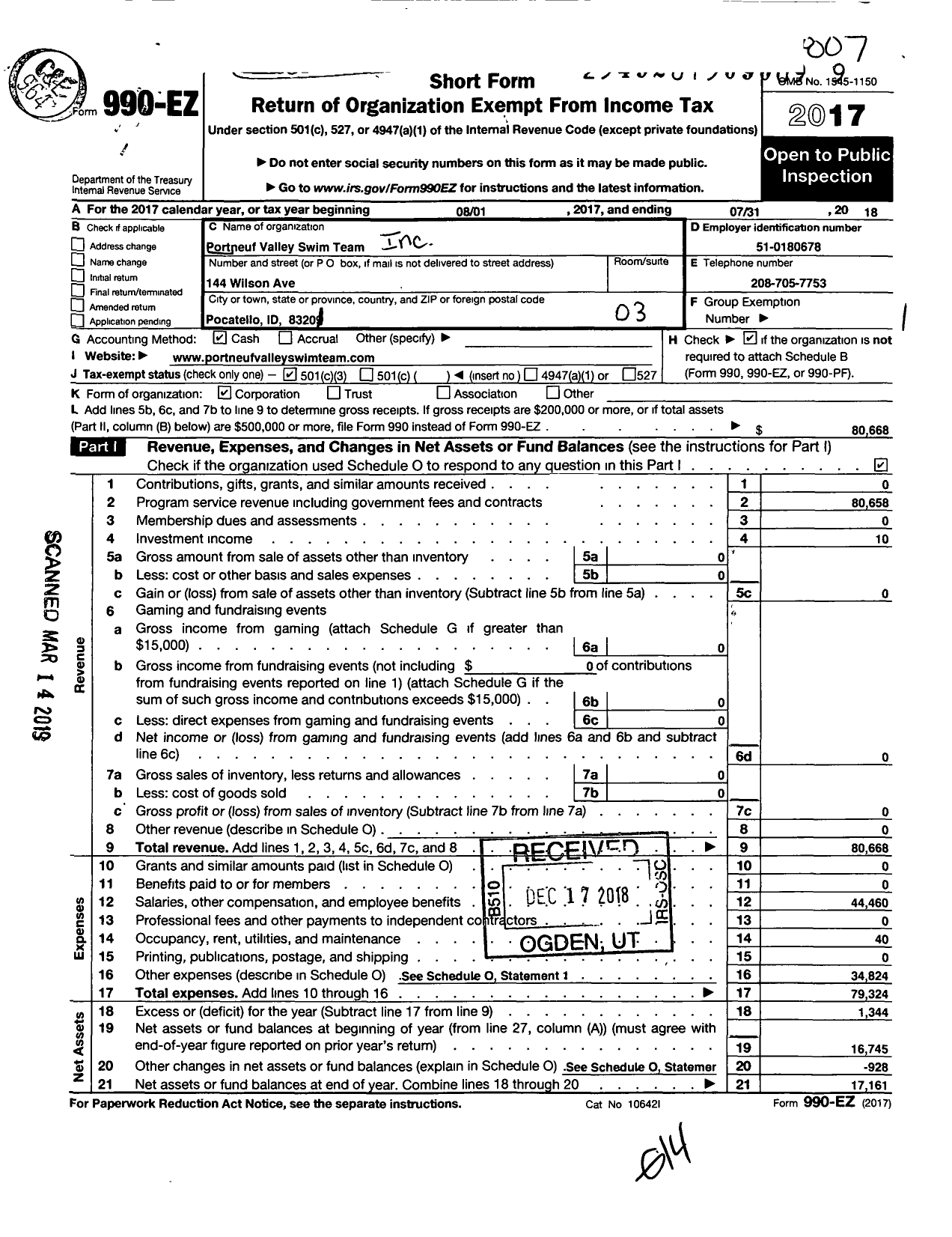 Image of first page of 2017 Form 990EZ for Portneuf Valley Swim Team