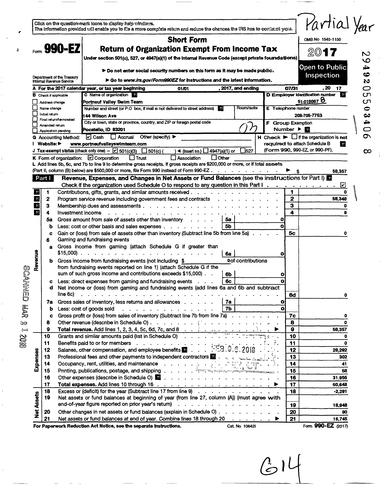 Image of first page of 2016 Form 990EZ for Portneuf Valley Swim Team