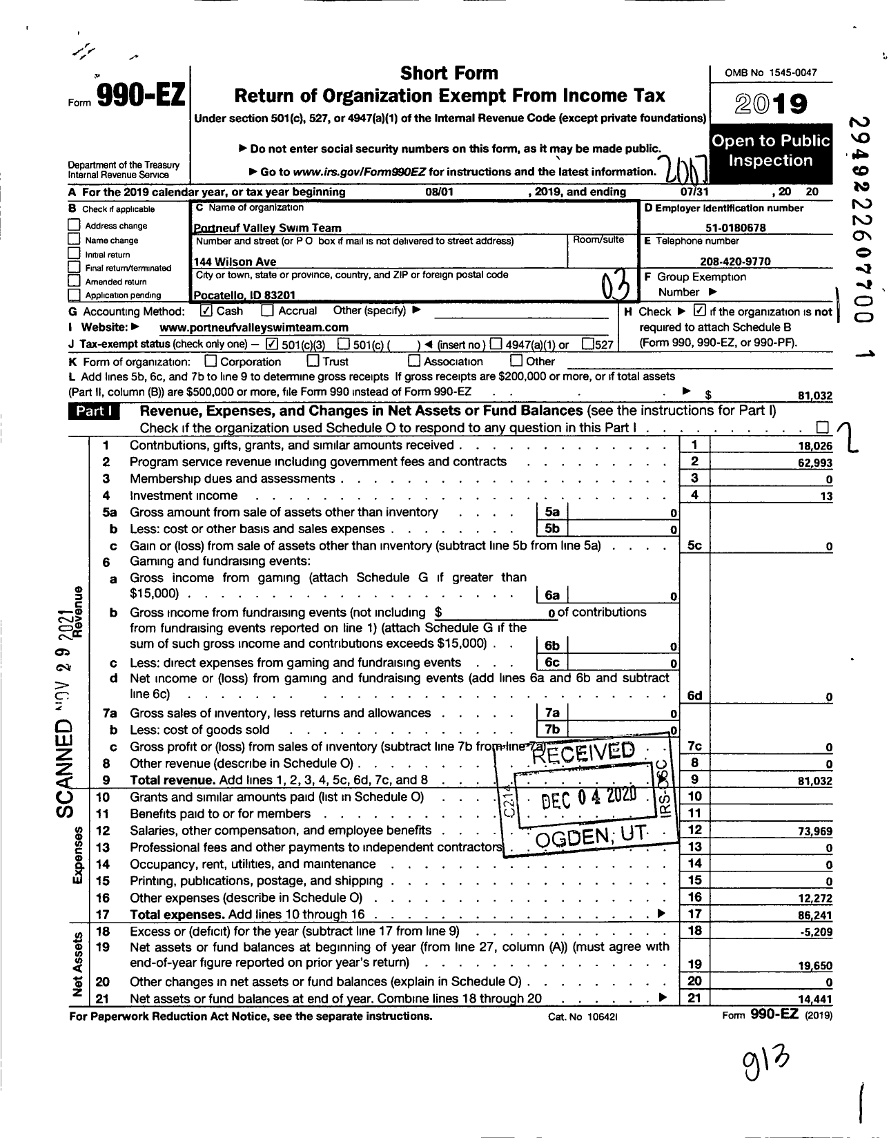 Image of first page of 2019 Form 990EZ for Portneuf Valley Swim Team