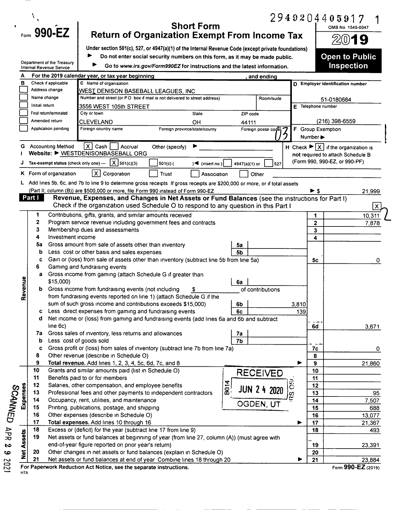 Image of first page of 2019 Form 990EZ for West Denison Baseball Leagues