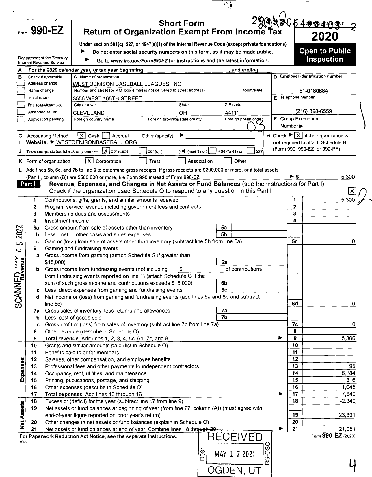 Image of first page of 2020 Form 990EZ for West Denison Baseball Leagues