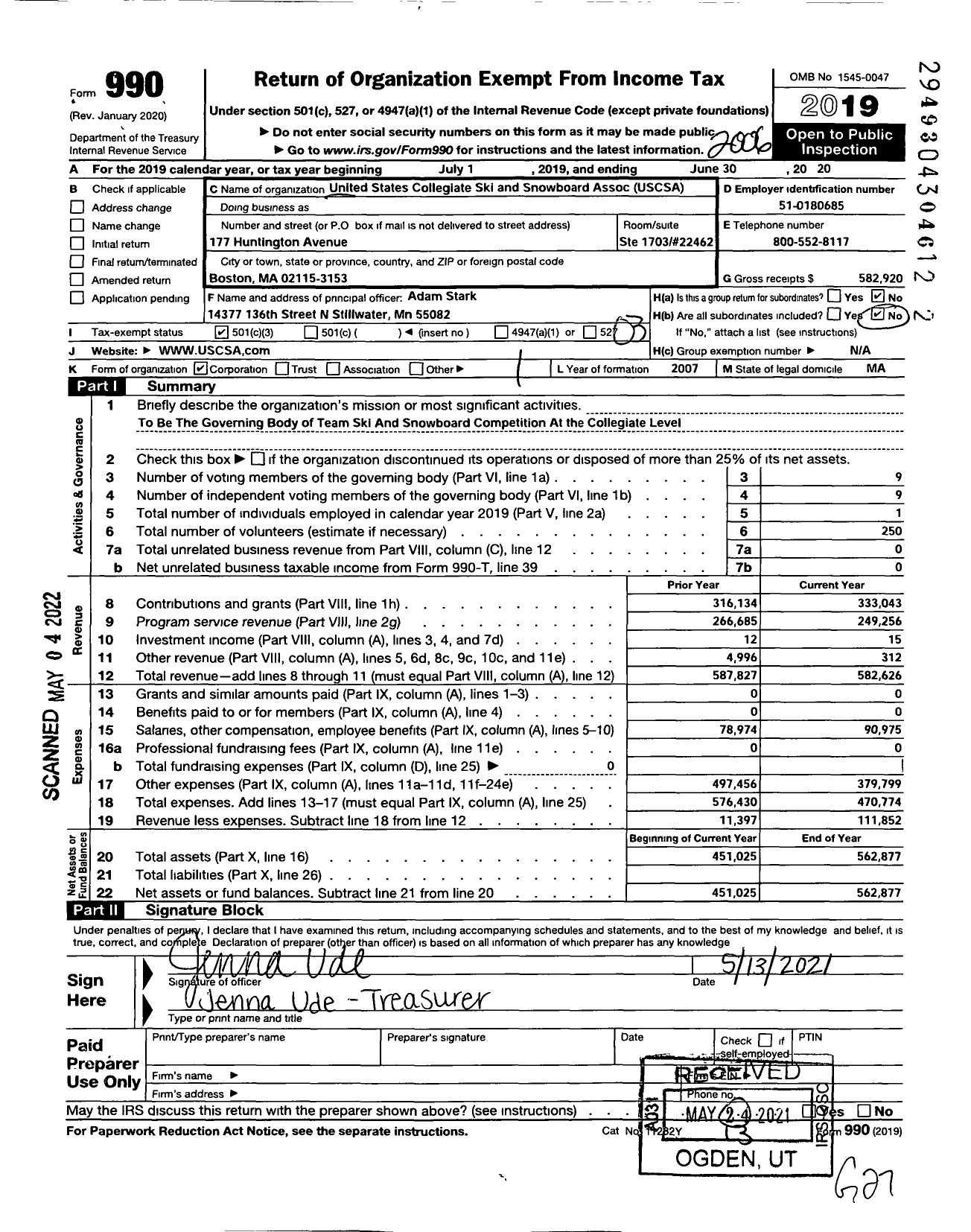 Image of first page of 2019 Form 990 for United States Collegiate Ski and Snowboard Association (USCSA)