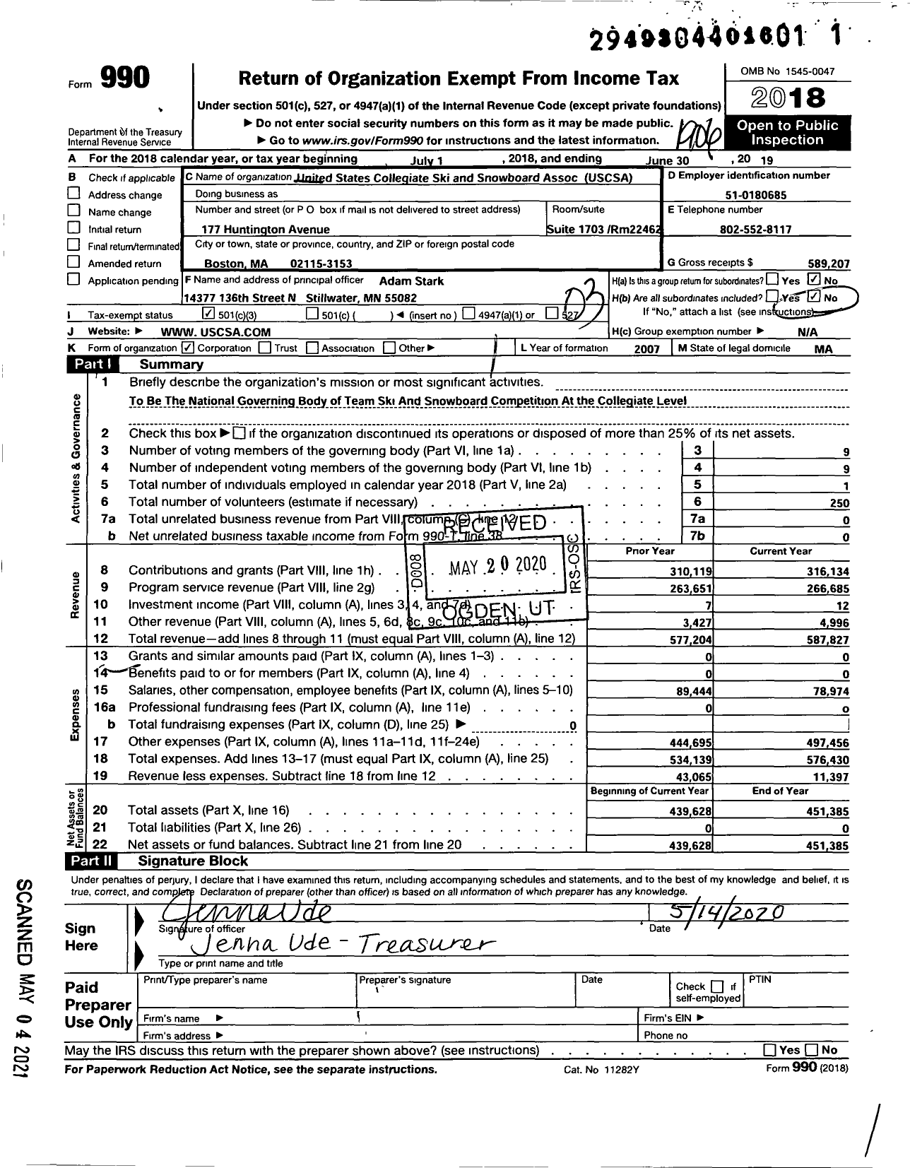 Image of first page of 2018 Form 990 for United States Collegiate Ski and Snowboard Association (USCSA)