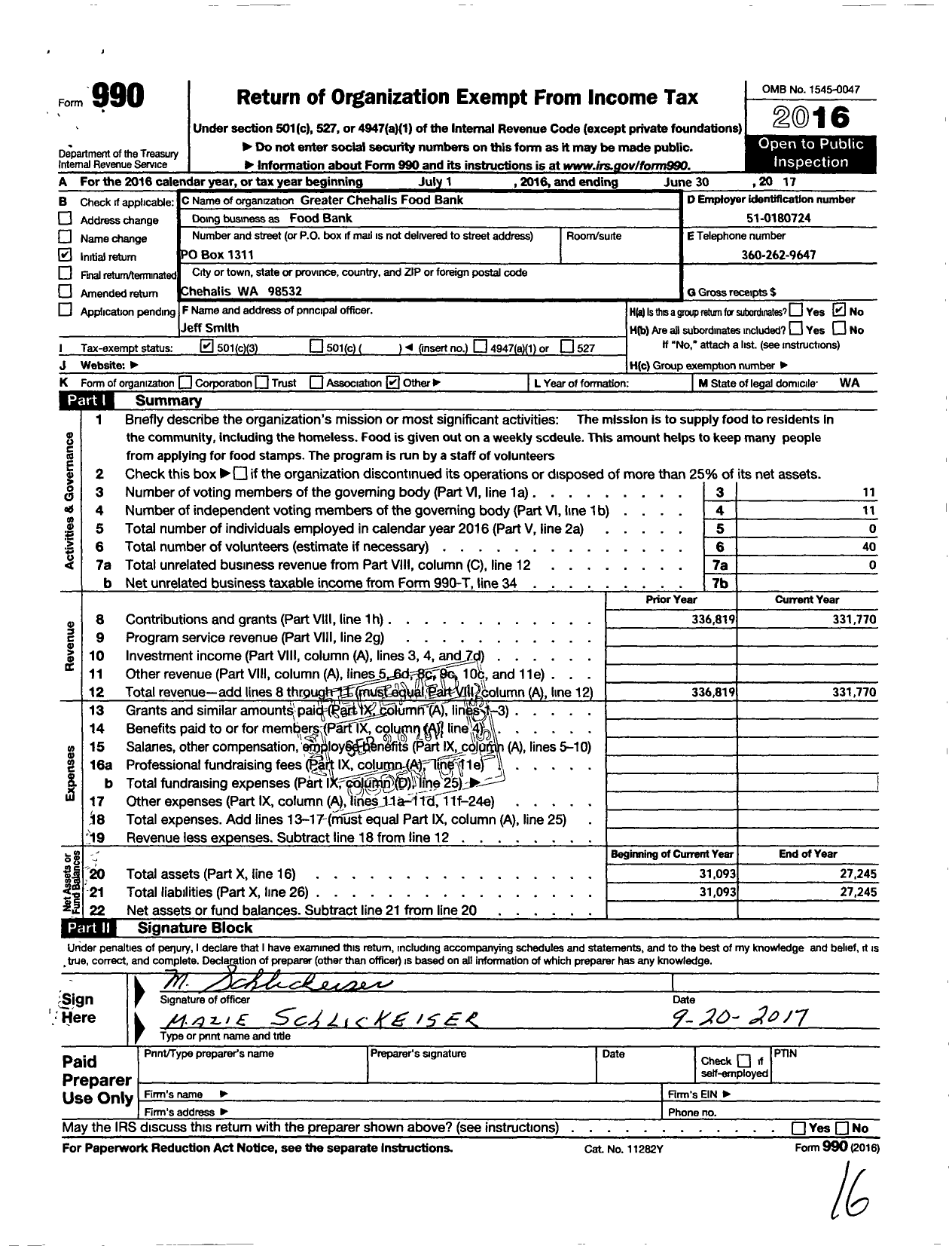 Image of first page of 2016 Form 990 for Greater Chehalis Food Bank