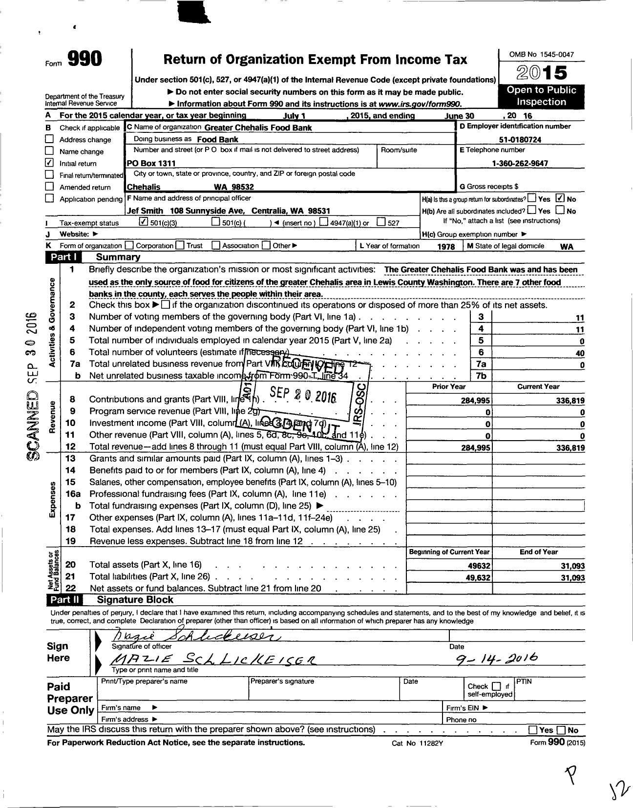 Image of first page of 2015 Form 990 for Greater Chehalis Food Bank