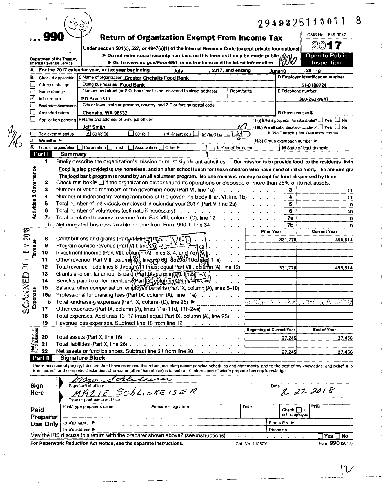 Image of first page of 2017 Form 990 for Greater Chehalis Food Bank