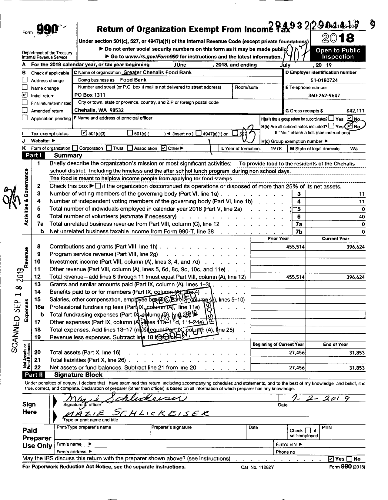 Image of first page of 2018 Form 990 for Greater Chehalis Food Bank