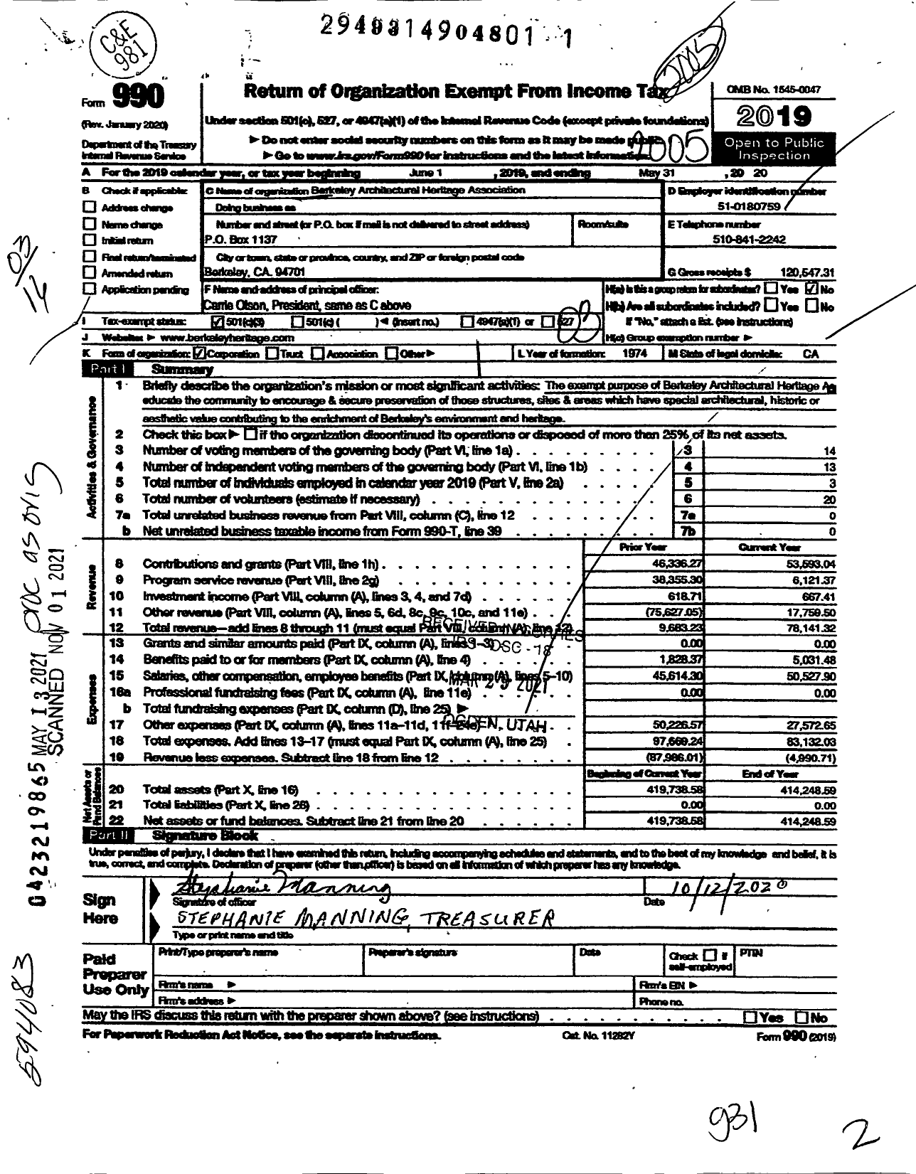 Image of first page of 2019 Form 990 for Berkeley Architectural Heritage Association