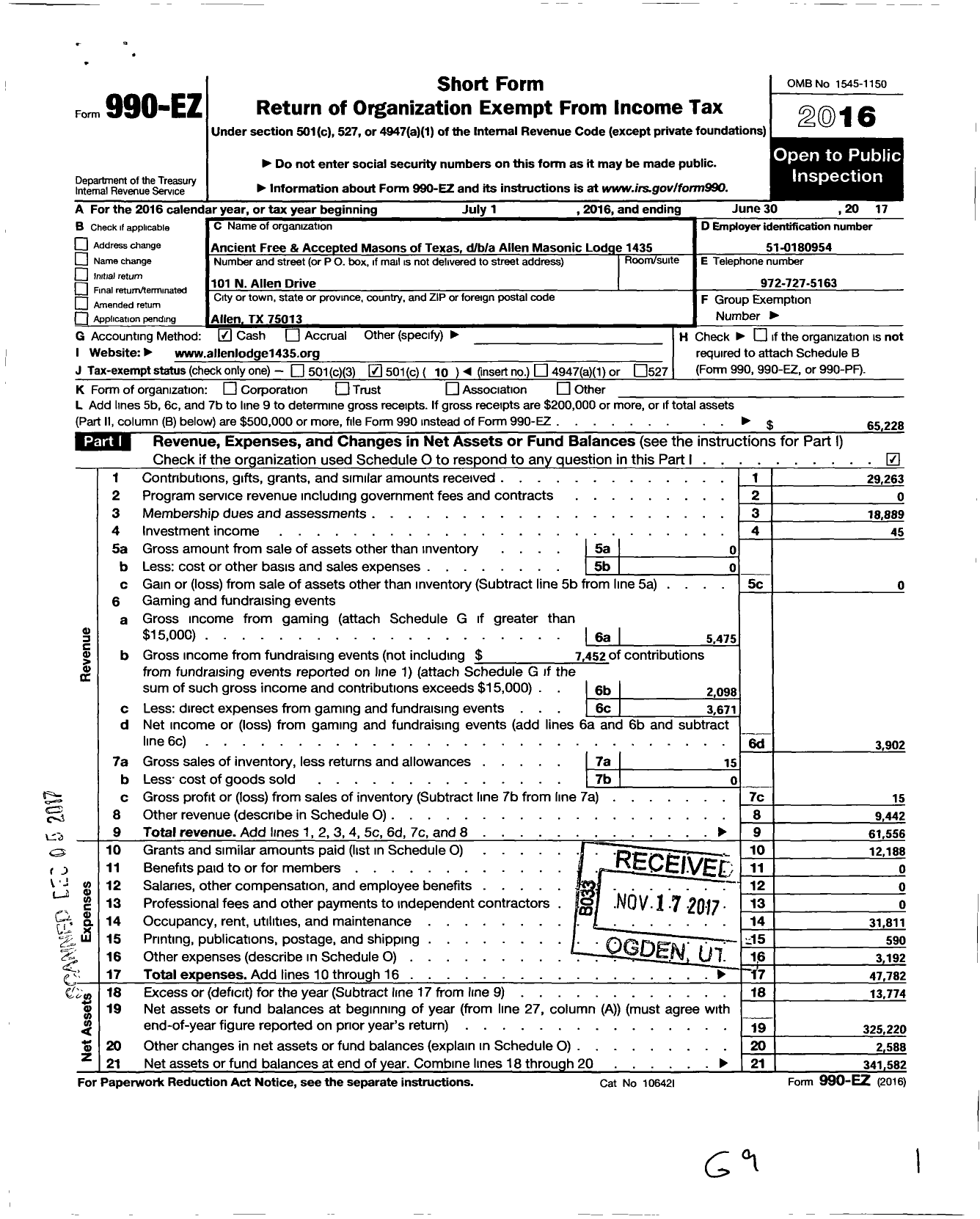 Image of first page of 2016 Form 990EO for Freemasons in Texas - Allen Mason Lodge 1435