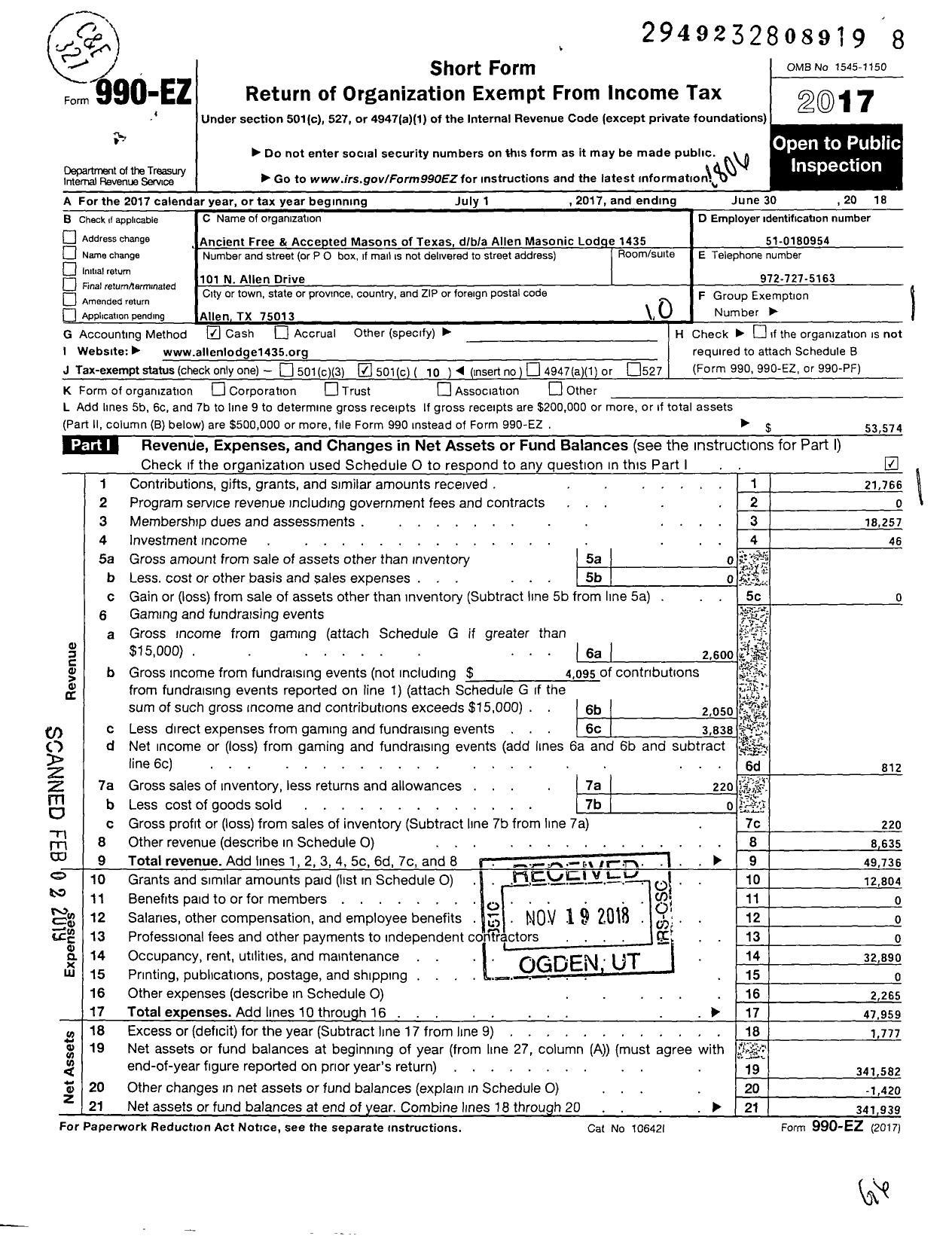 Image of first page of 2017 Form 990EO for Freemasons in Texas - Allen Mason Lodge 1435