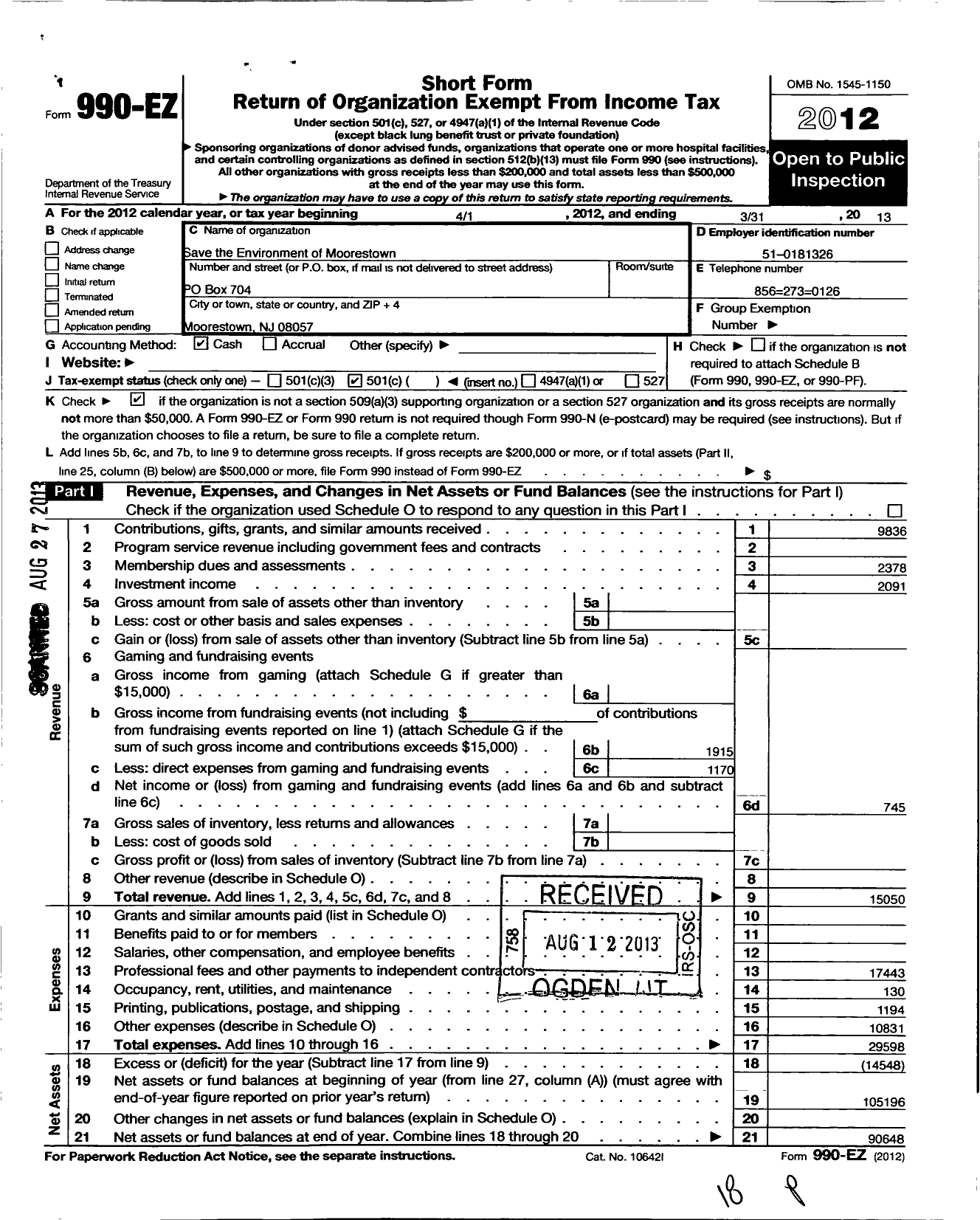 Image of first page of 2012 Form 990EO for Save the Environment of Moorestown