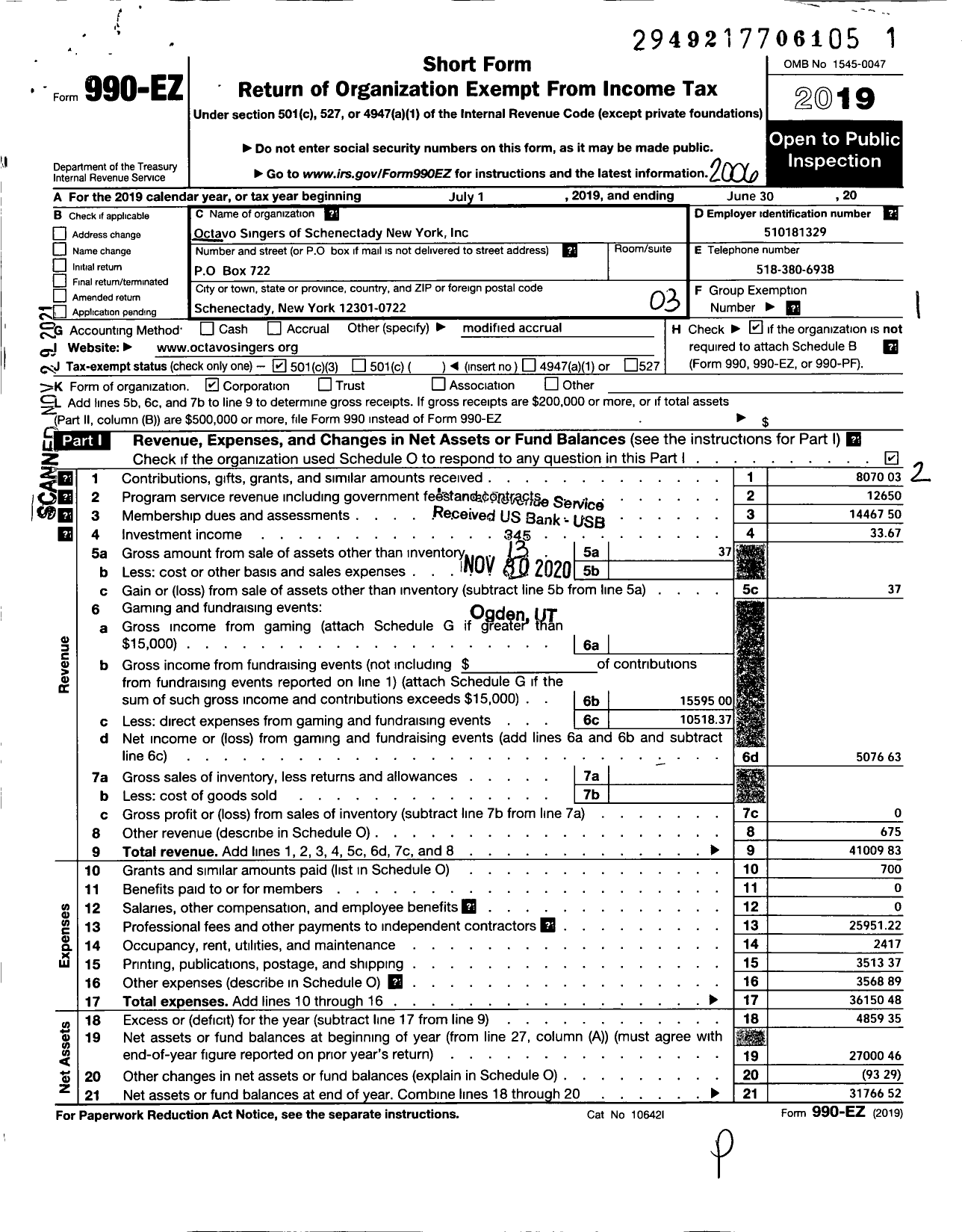 Image of first page of 2019 Form 990EZ for Octavo Singers of Schenectady New York