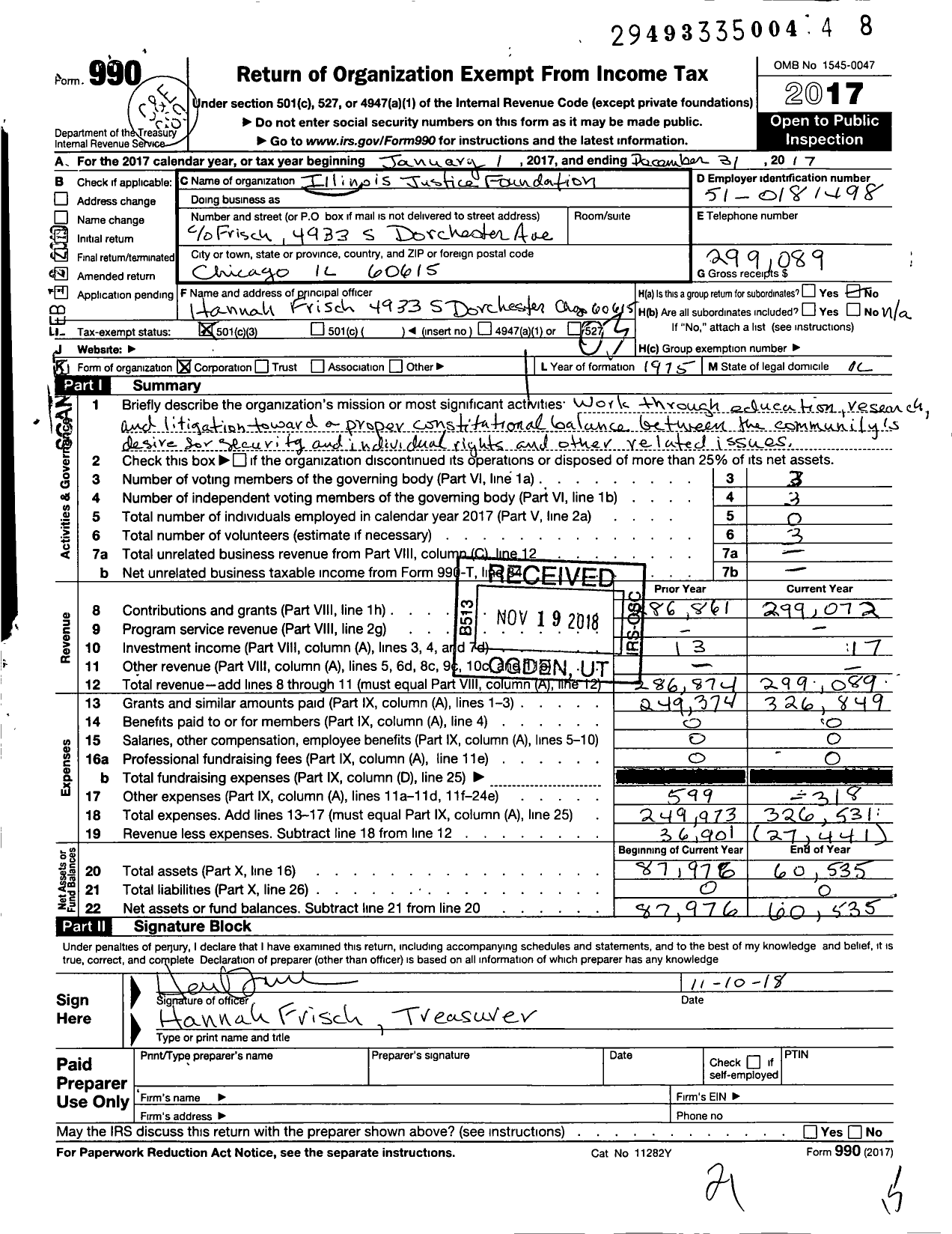 Image of first page of 2017 Form 990 for Illinois Justice Foundation