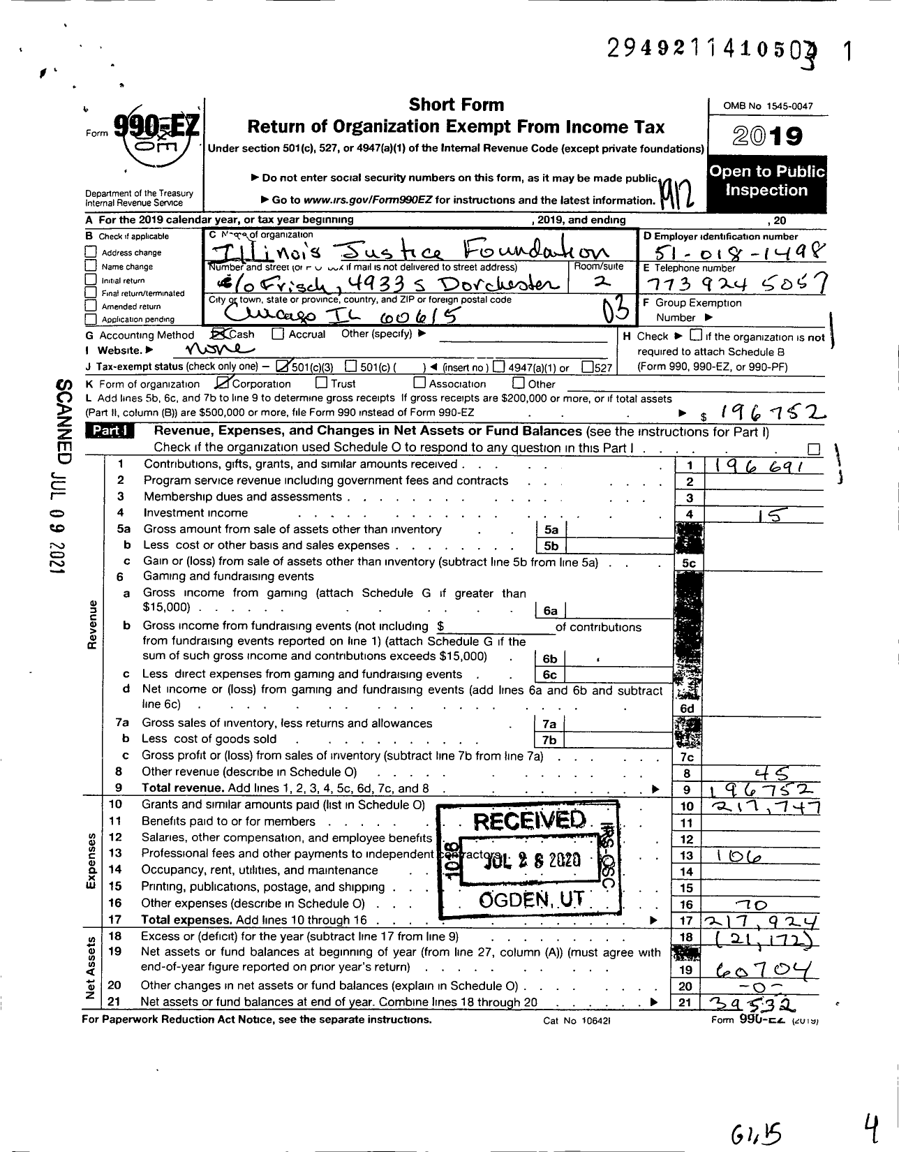 Image of first page of 2019 Form 990EZ for Illinois Justice Foundation