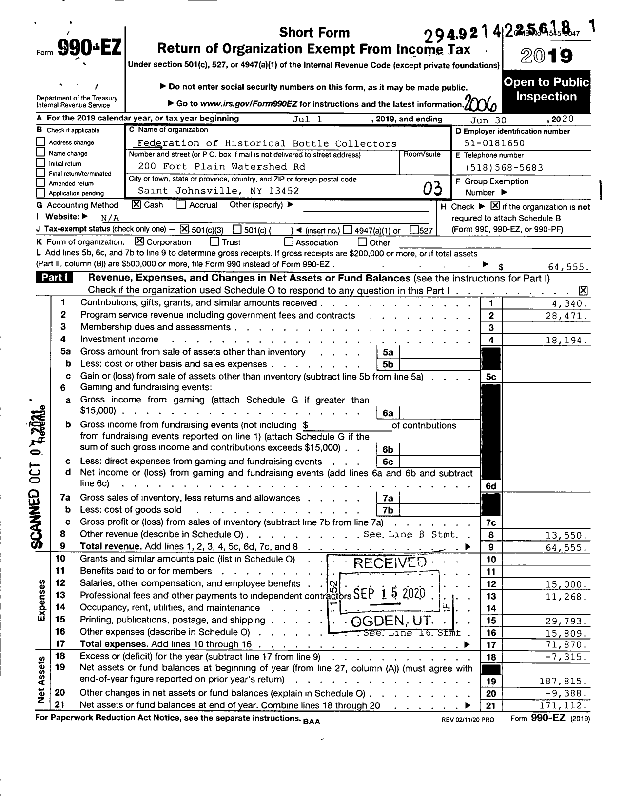 Image of first page of 2019 Form 990EZ for Federation of Historical Bottle Collectors