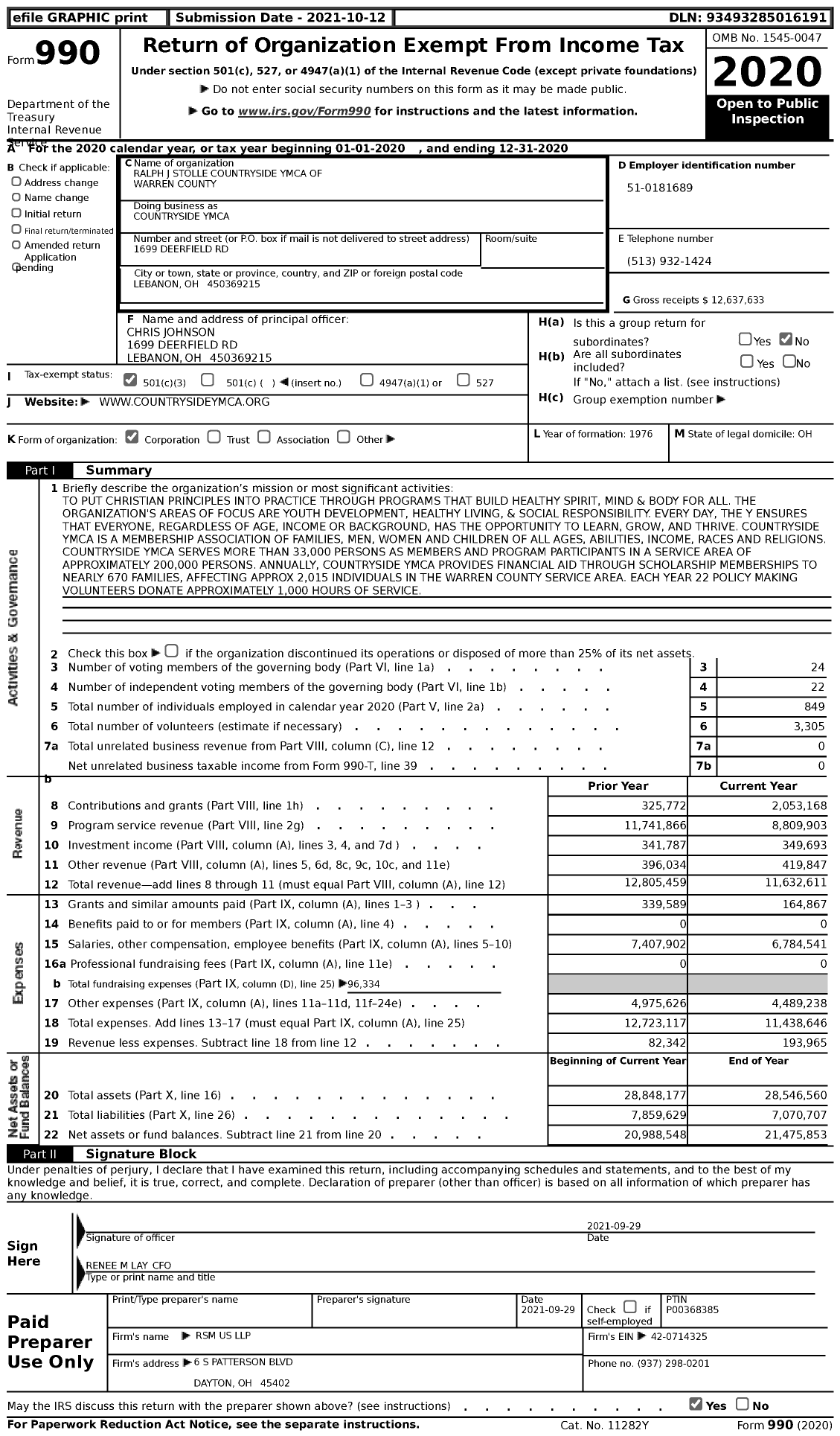 Image of first page of 2020 Form 990 for Countryside YMCA (YMCA)