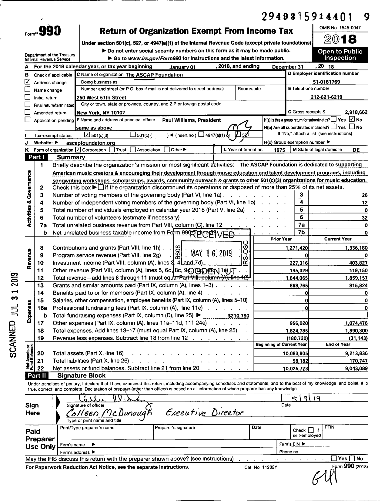 Image of first page of 2018 Form 990 for Ascap Foundation
