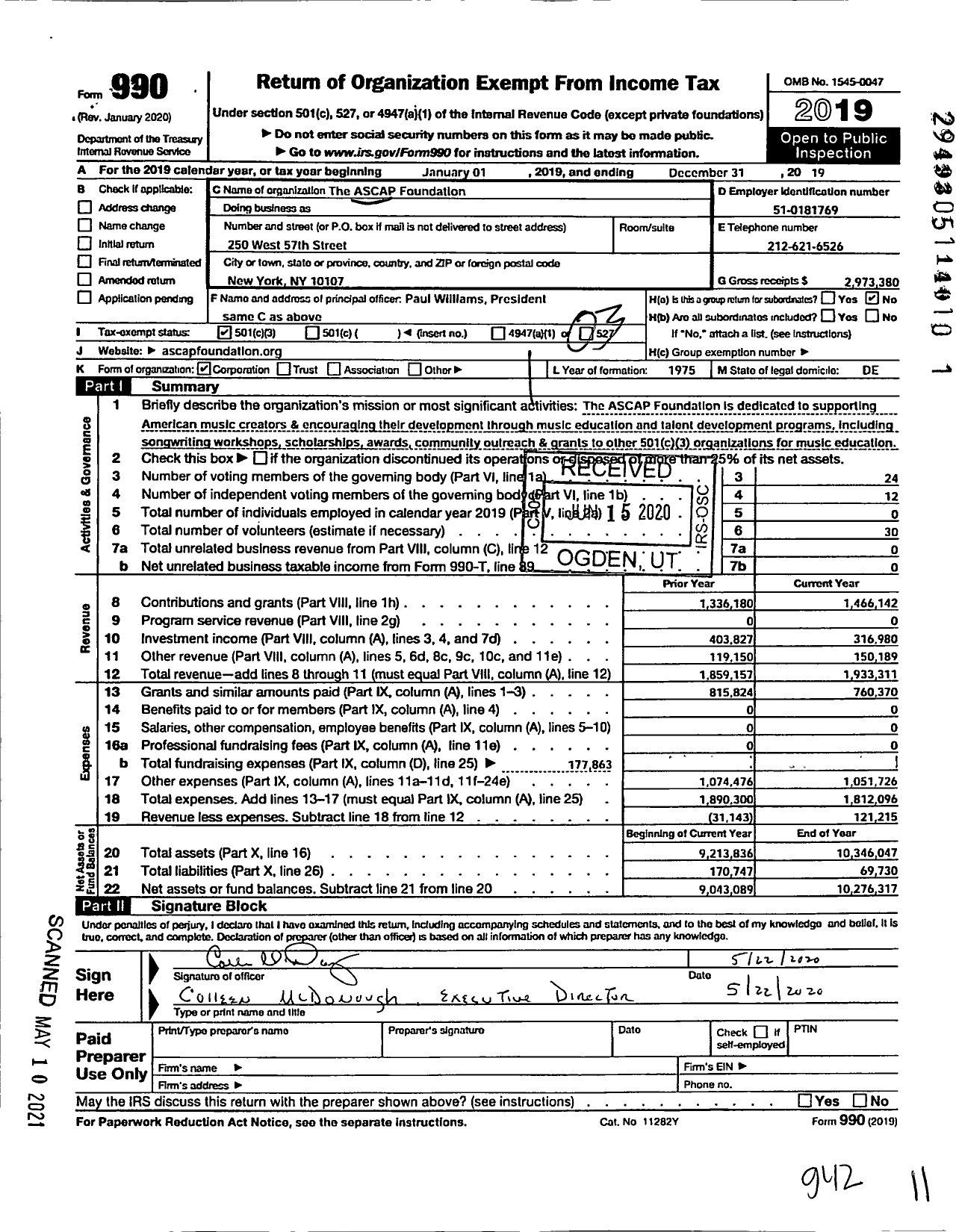 Image of first page of 2019 Form 990 for Ascap Foundation