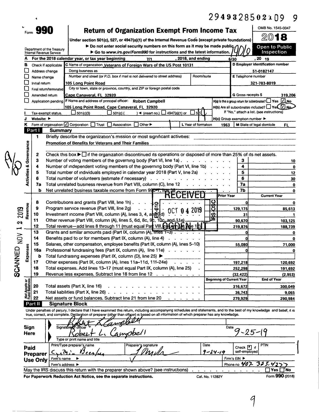 Image of first page of 2018 Form 990O for VFW Department of Florida - 10131 VFW Post