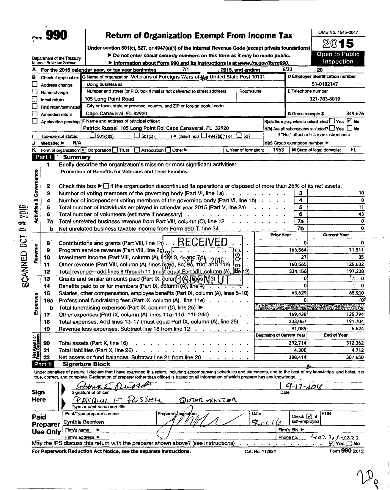 Image of first page of 2015 Form 990O for VFW Department of Florida - 10131 VFW Post