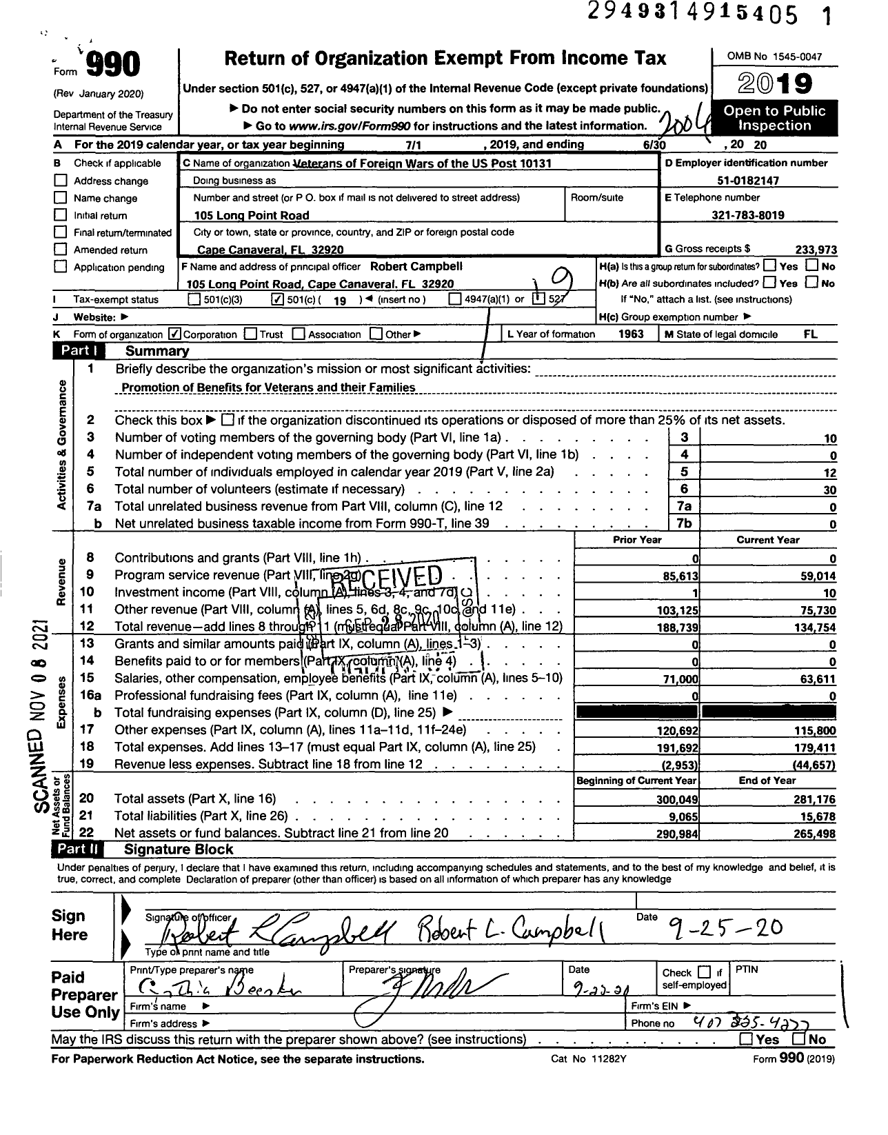 Image of first page of 2019 Form 990O for VFW Department of Florida - 10131 VFW Post