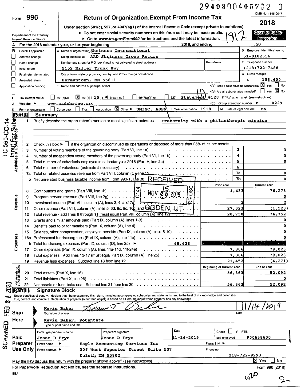Image of first page of 2018 Form 990O for Shriners International AAD Shriners Group Return