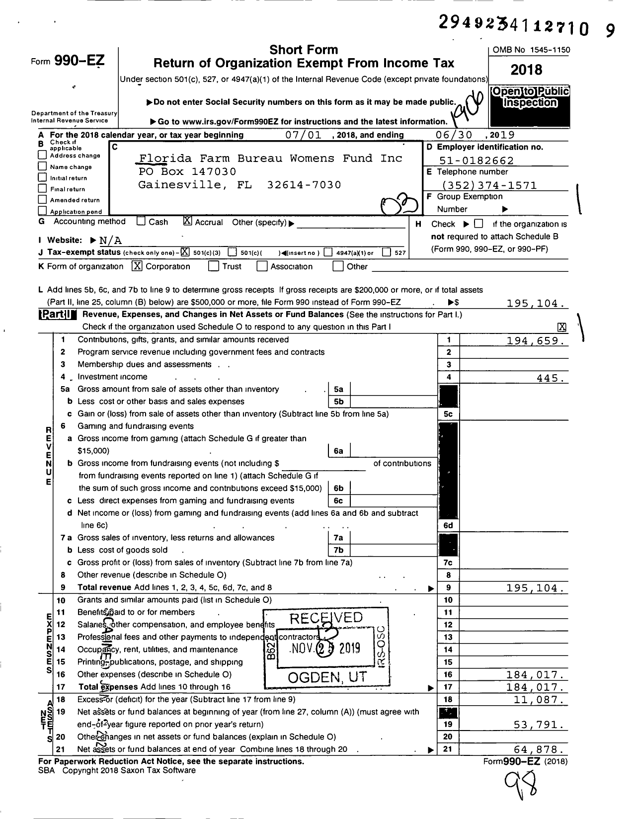 Image of first page of 2018 Form 990EZ for Florida Farm Bureau Womens Fund