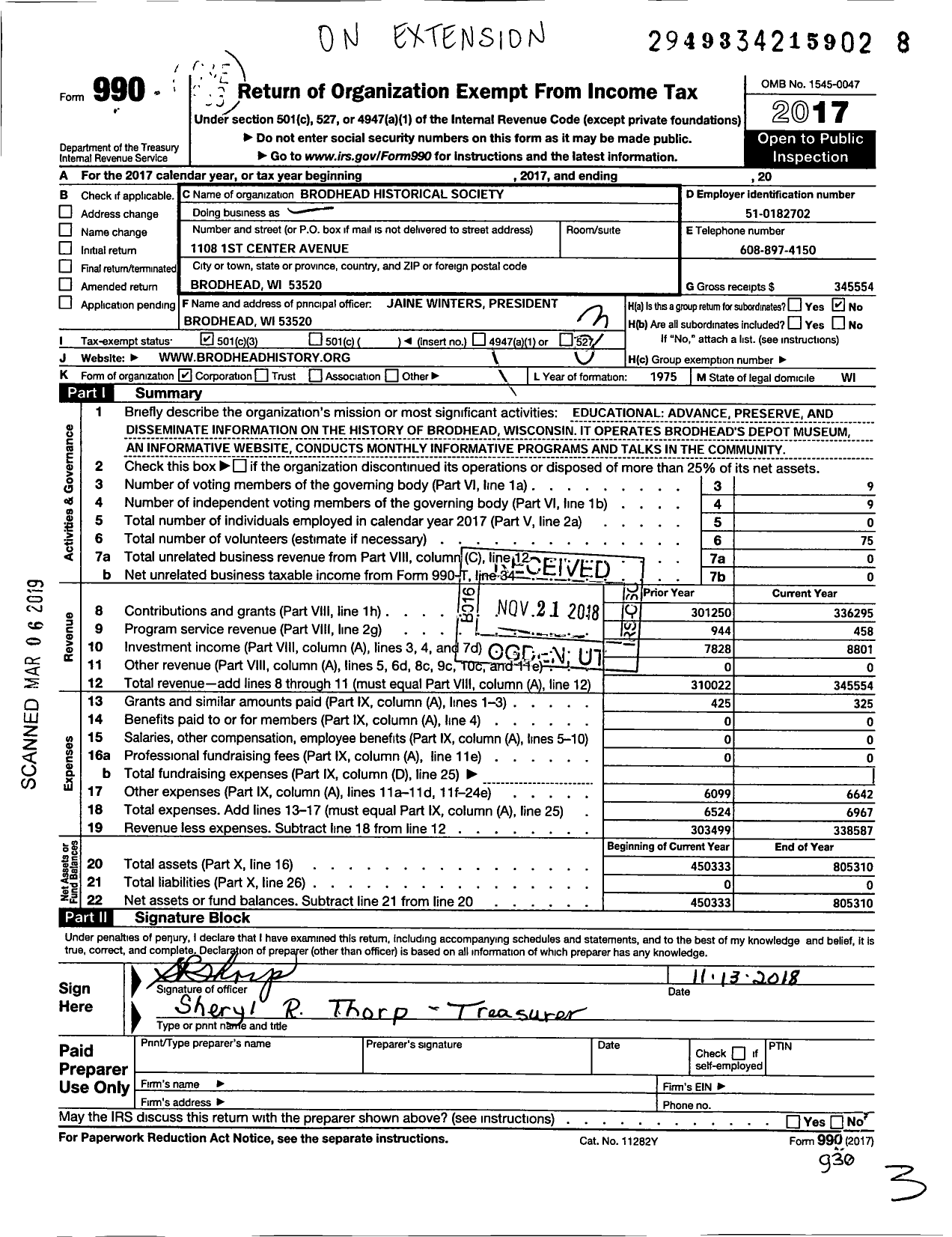 Image of first page of 2017 Form 990 for Brodhead Historical Society