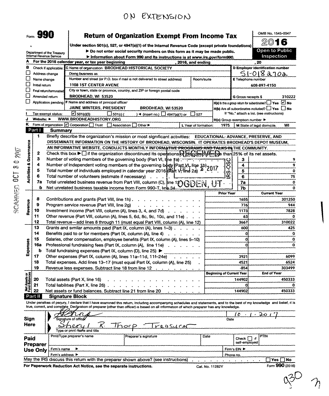 Image of first page of 2016 Form 990 for Brodhead Historical Society