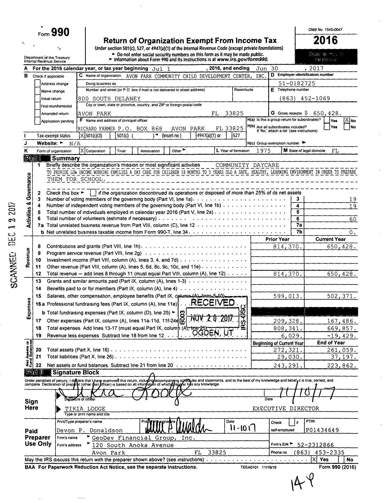 Image of first page of 2016 Form 990 for AVON PARK COMmunity CHILD DEVELOPMENT CENTER