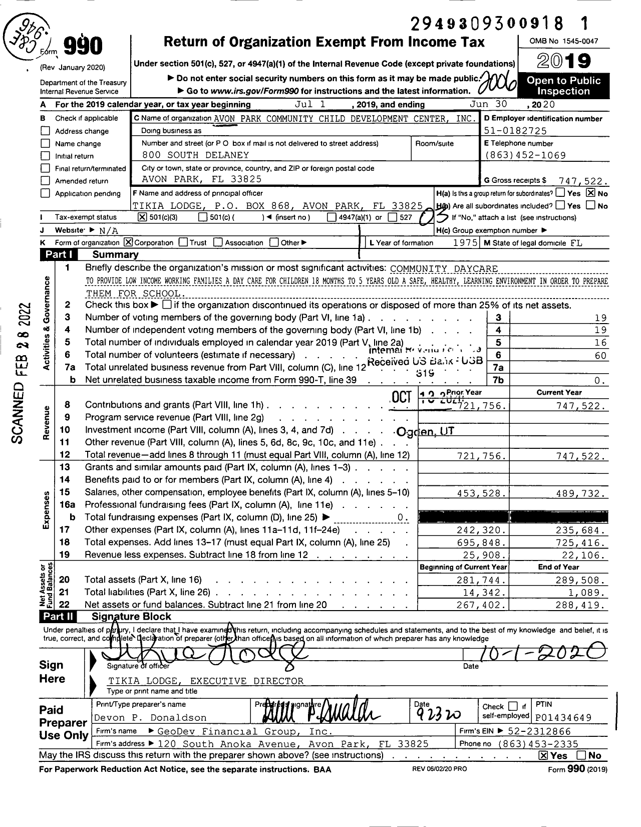 Image of first page of 2019 Form 990 for AVON PARK COMmunity CHILD DEVELOPMENT CENTER