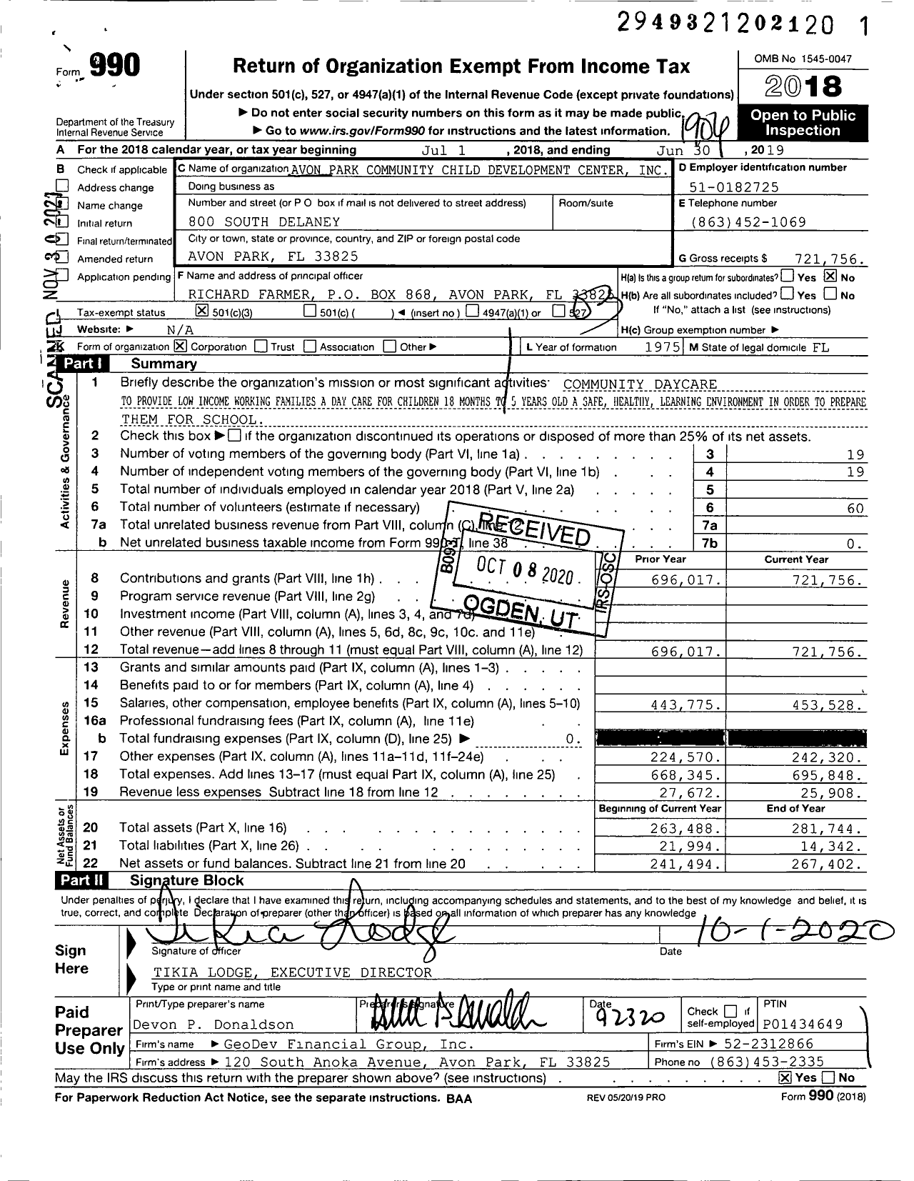 Image of first page of 2018 Form 990 for AVON PARK COMmunity CHILD DEVELOPMENT CENTER