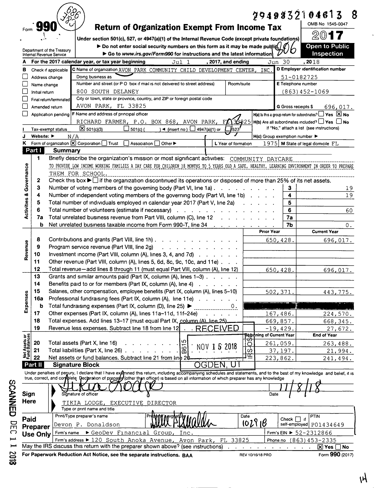 Image of first page of 2017 Form 990 for AVON PARK COMmunity CHILD DEVELOPMENT CENTER