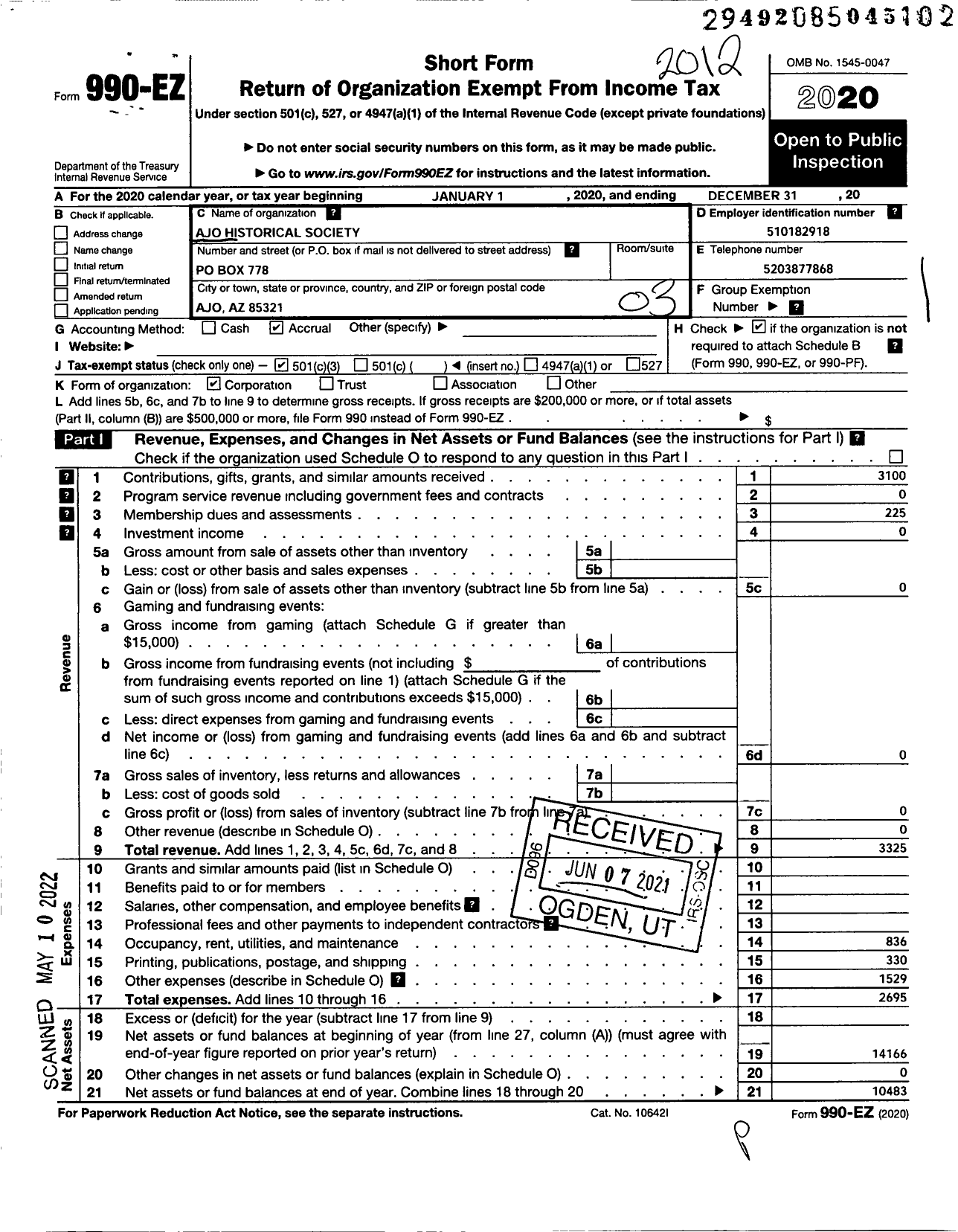 Image of first page of 2020 Form 990EZ for Ajo Historical Society