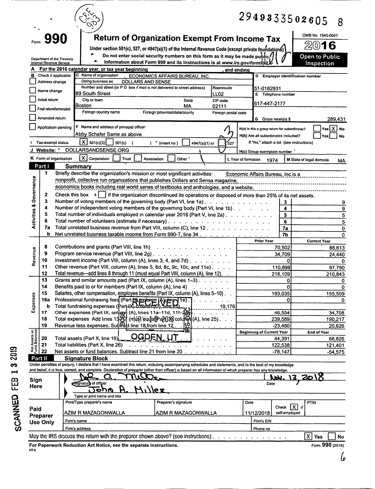 Image of first page of 2016 Form 990 for Dollars and Sense