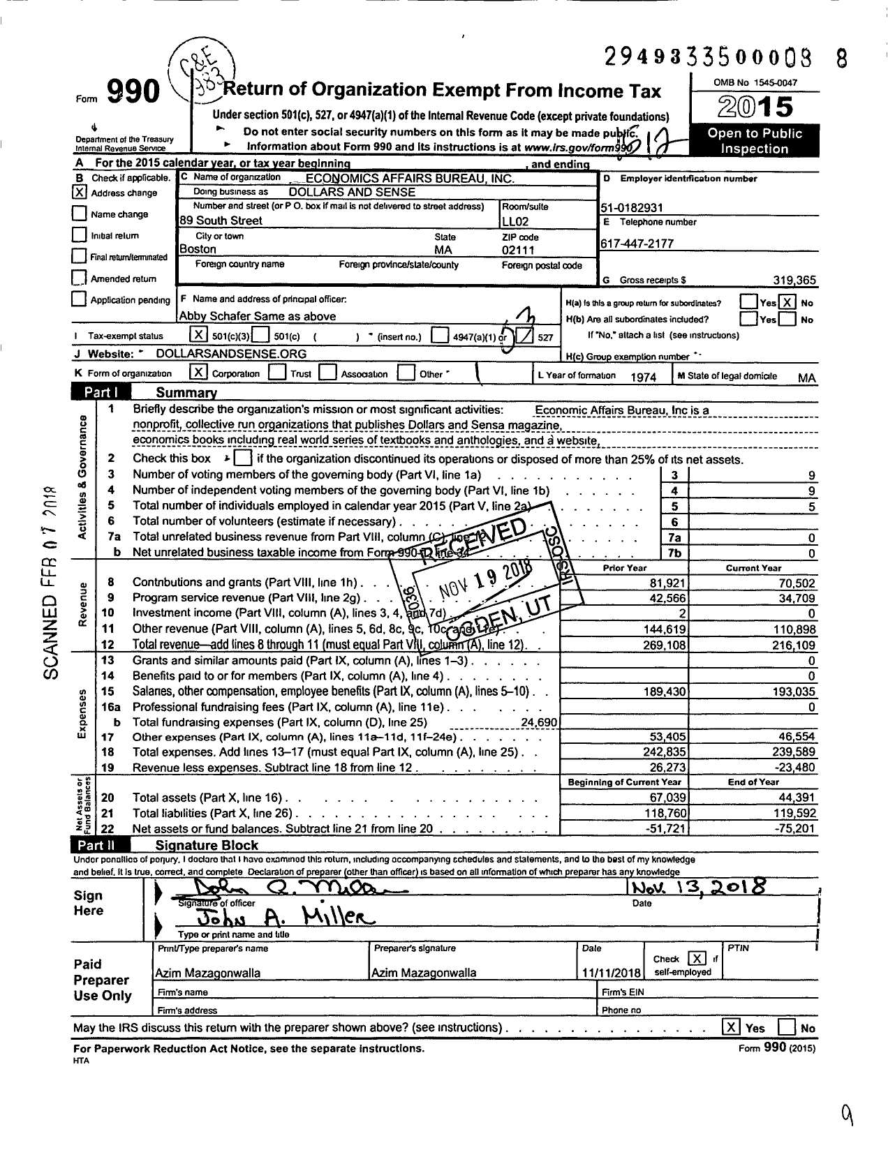 Image of first page of 2015 Form 990 for Dollars and Sense