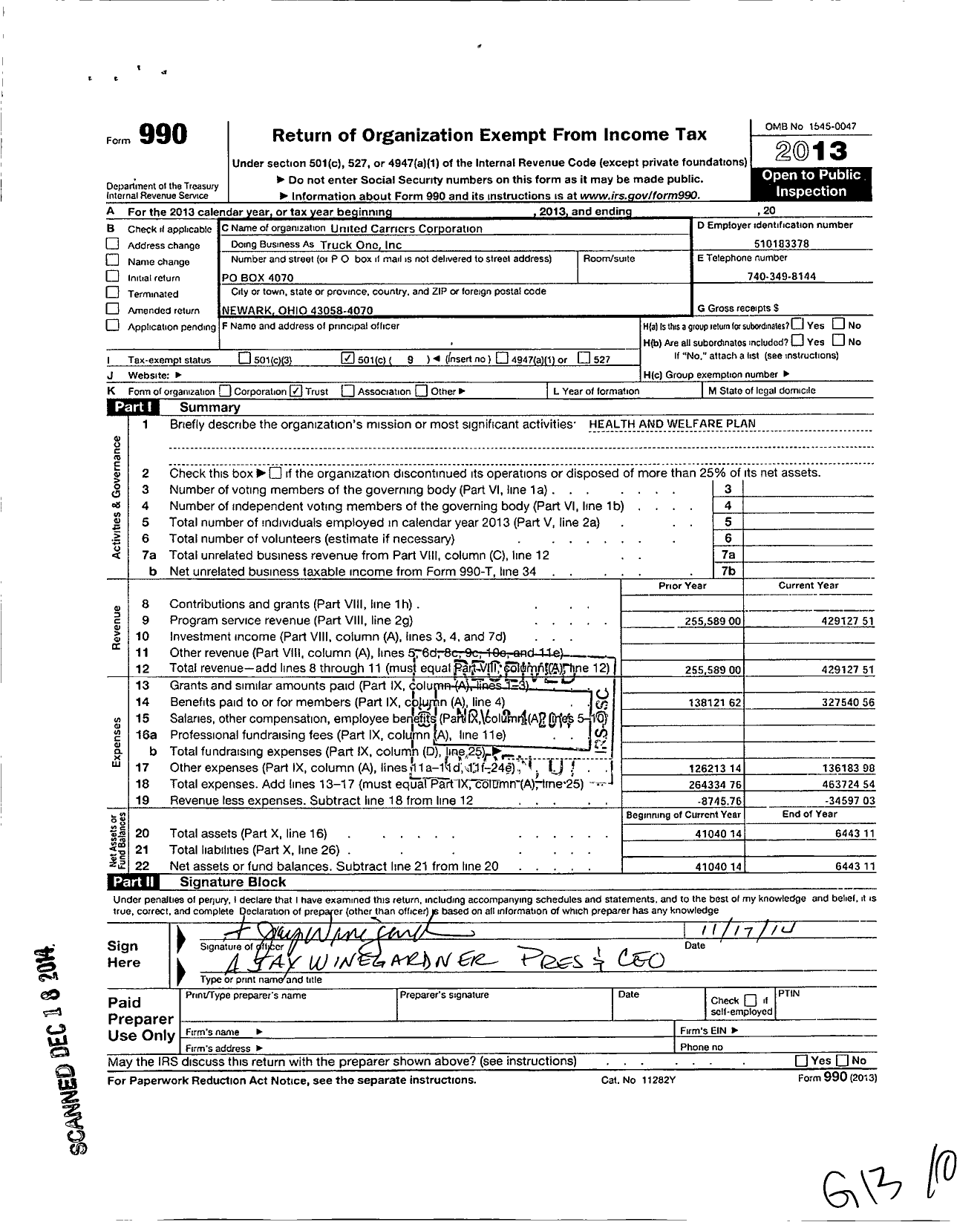 Image of first page of 2013 Form 990O for United Carriers Corporation