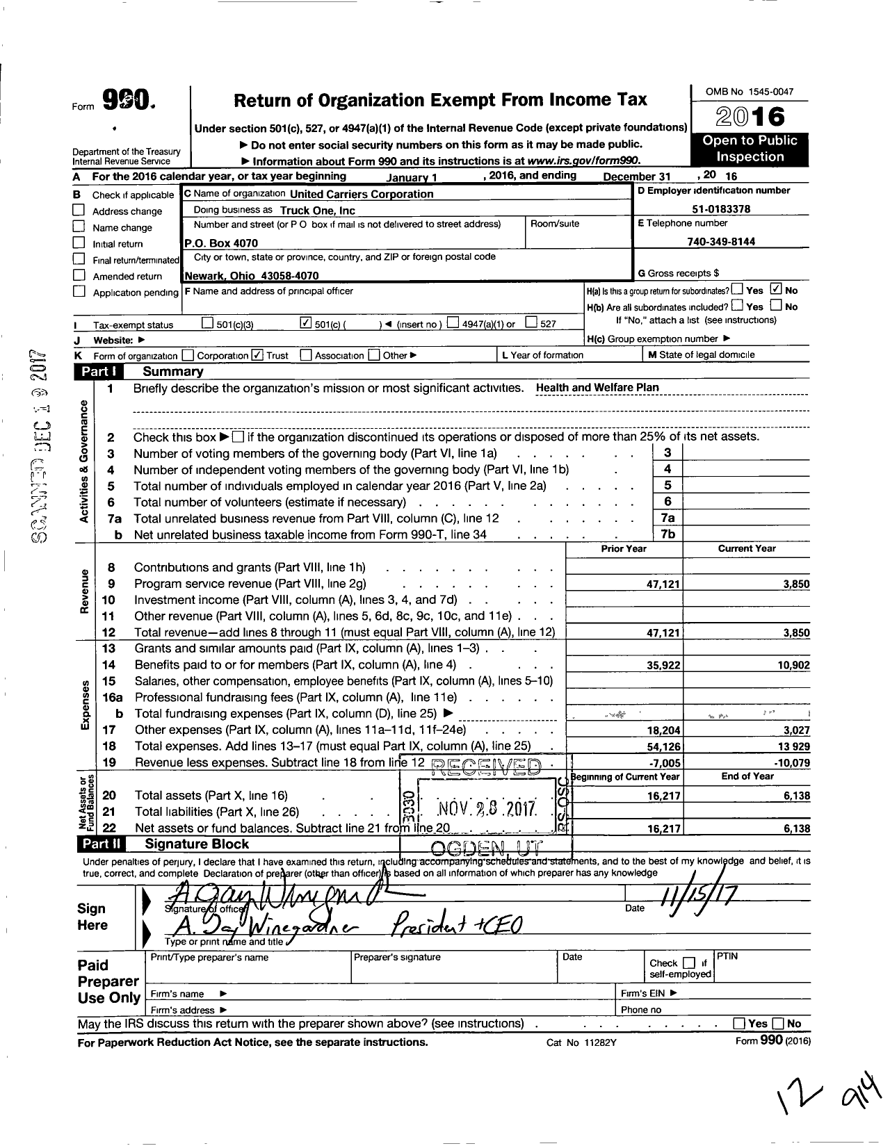 Image of first page of 2016 Form 990O for United Carriers Corporation