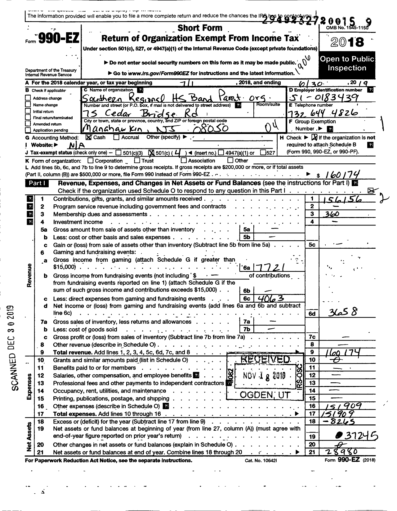 Image of first page of 2018 Form 990EO for Southern Regional High School Music Parents Organization