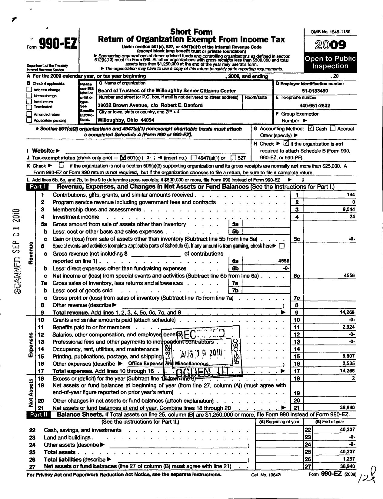 Image of first page of 2009 Form 990EZ for Board of Trustees of the Willoughby Senior Citizens Center
