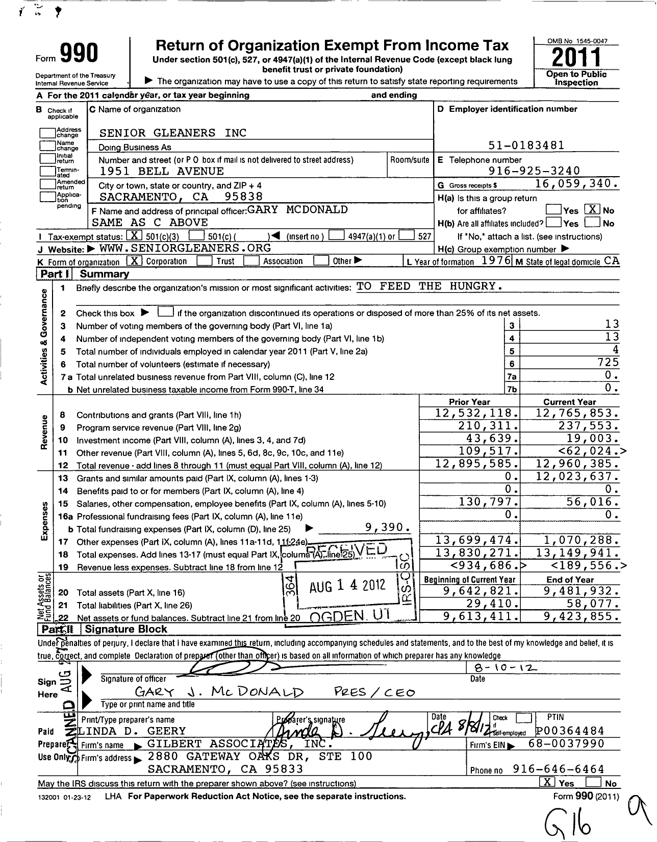 Image of first page of 2011 Form 990 for Senior Gleaners