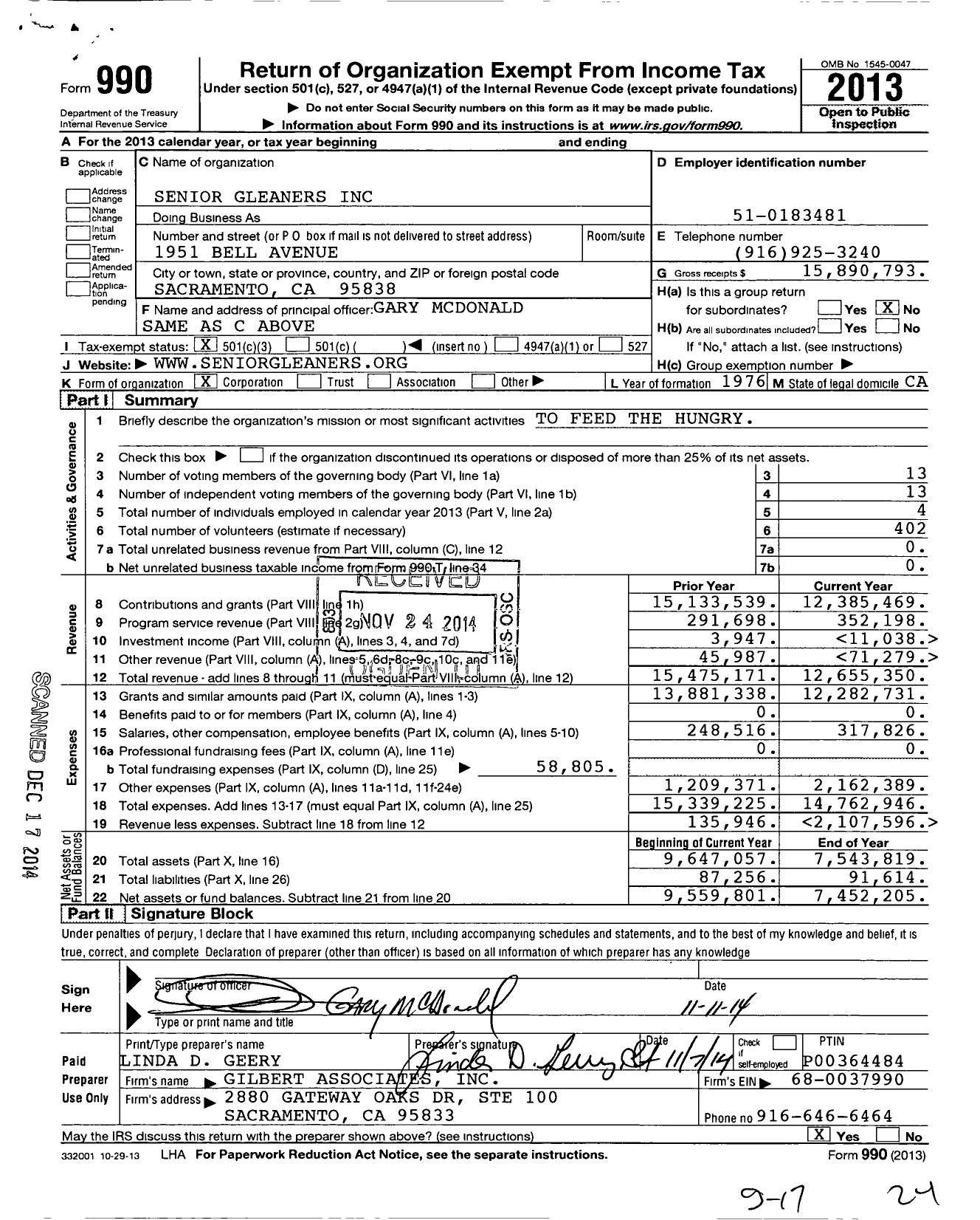 Image of first page of 2013 Form 990 for Senior Gleaners