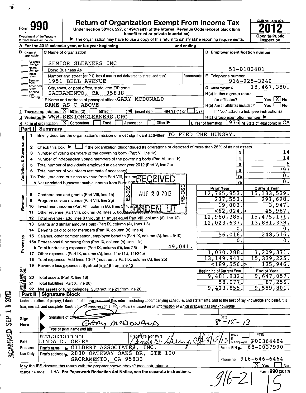 Image of first page of 2012 Form 990 for Senior Gleaners